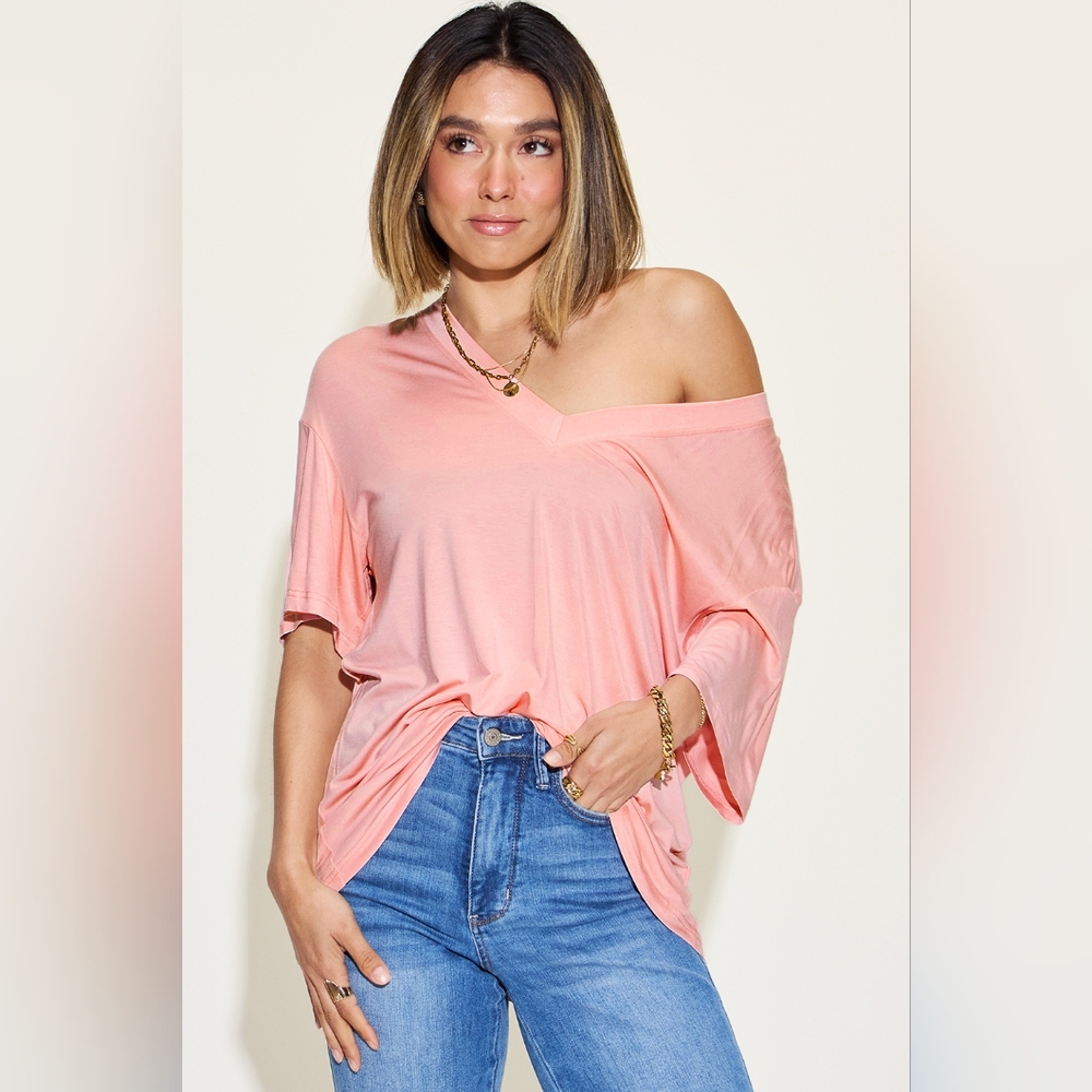 Basic Bae Full Size Bamboo V-Neck Drop Shoulder T-Shirt